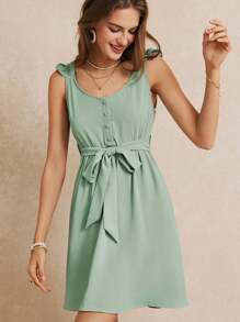 SHEIN Frenchy Vestido Para Las Vacaciones De Verano Con Lazos De Moño En La Cintura, Mangas Con Volantes Y Encaje Exquisito