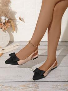 Fall/Winter Fairy Style Rhinestone Bowknot Closed Toe Sandals For Women, Khaki Color, With Ankle Strap, Pointed Toe, Flat Heels, Hollow Design, Summer