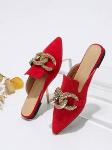 Fall/Winter Women's Elegant Flat Pointed Toe Red Suede Slip-On Mule With Large Metal Buckle, Spring/Summer Valentines - Red - View 2