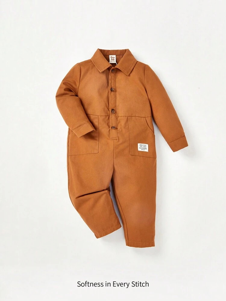 Baby Girl Letter Patched Detail Dual Pocket Shirt Jumpsuit