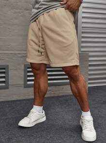 Manfinity Homme 男士休閒短褲，帶傾斜口袋和束腰帶，適用於夏季 - 卡其色 - 查看 3