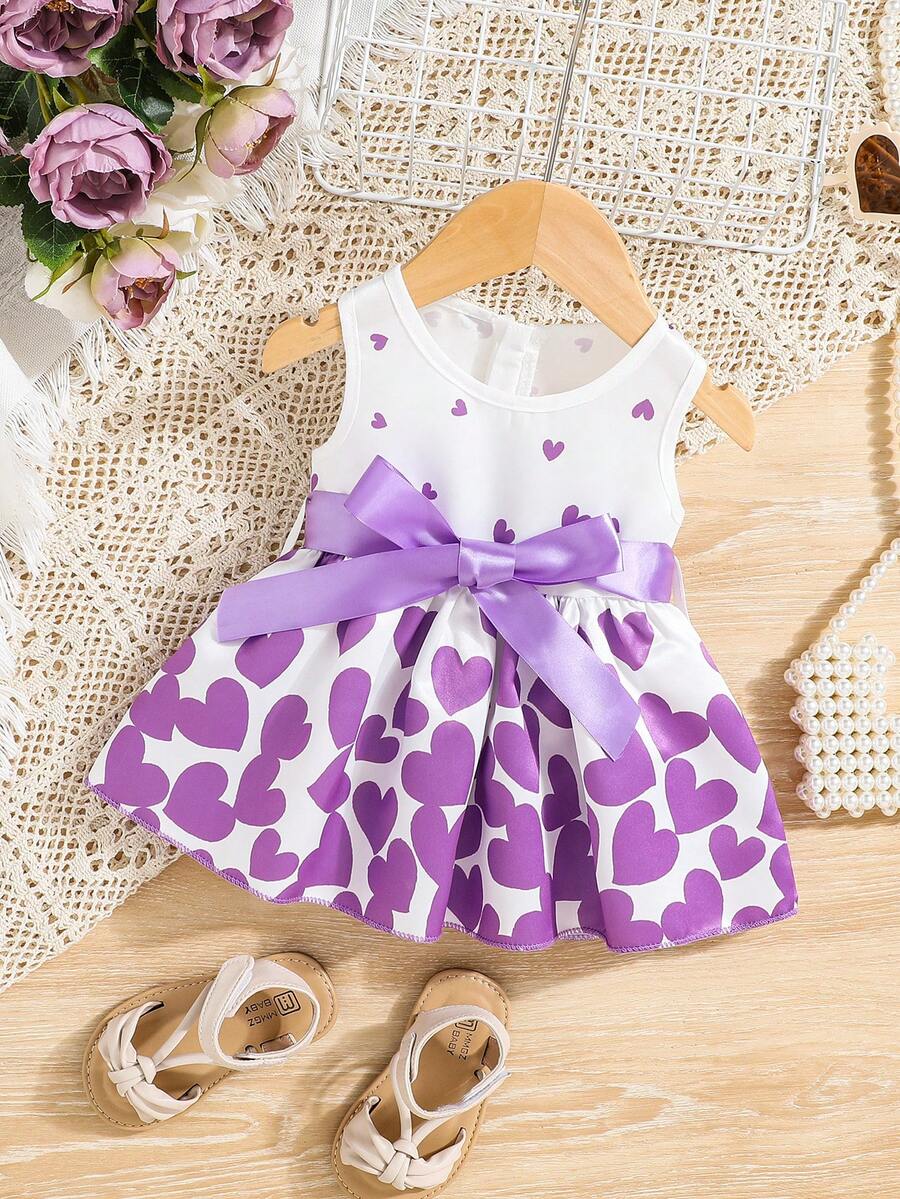 春夏款嬰兒女寶貝愛心印花無袖優雅、美麗、休閒日常連衣裙 - 紫色 - 查看 1