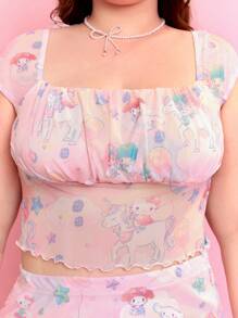 HELLO KITTY AND FRIENDS | SHEIN Plus Size Y2k Cute Cartoon Unicorn Printed Square Neckline Crop Top With Ruched Bust Lettuce Trim Hem And Skirt - Baby Pink - View 4