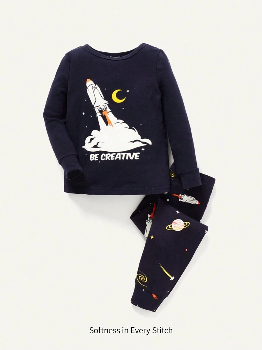 Baby Boy Snug Fit Pajama, Rocket Print Round Neck Top And Long Pants Set - Royal Blue - View 1