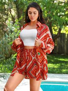 SHEIN SXY Conjunto de 3 piezas de camisa de gasa estampada con patrón de Vacaciones de Verano para Mujeres, juego de 2 piezas - Multicolor - Ver 7