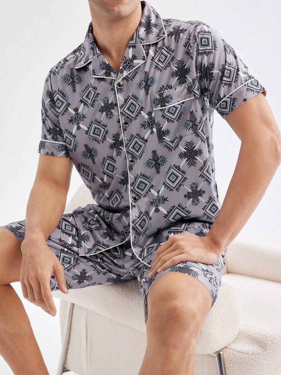 Men Fashionable Loose Fit Casual Print Short Sleeve And Shorts Homewear Set - Purple - View 1