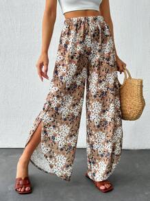 RueChic Vacation Style Small Floral Printed High Slit Wide Leg Pants - Beige - View 1