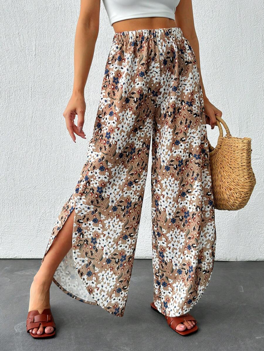 RueChic Vacation Style Small Floral Printed High Slit Wide Leg Pants - Beige - View 1