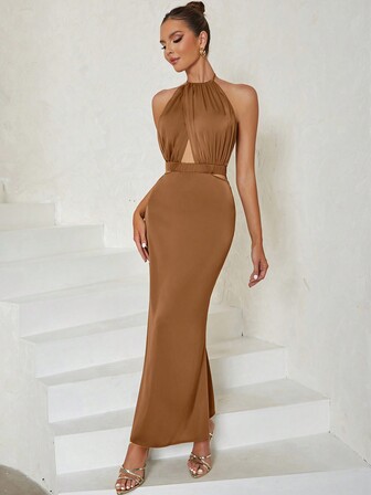 Elegancka seksowna bez rękawów, dekolt w szpic, wycięty tył, rybi ogon, wąska satynowa sukienka dla kobiet