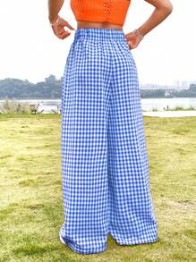 Soleia 女士休閒假日風格中腰格子寬腿褲