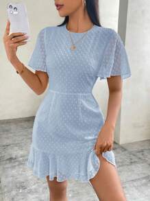 SHEIN Privé Women's Summer Solid Color Chiffon Ruffle Hem Short Dress,Pastel Dresses For Women,Business Casual Woman
