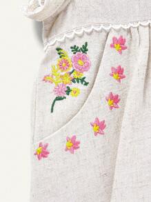 Baby Girl Floral Embroidered Round Neck Blouse With Ruffle Waist - Apricot - View 4