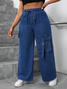 SHEIN SXY 大尺碼女士打結腰寬腿牛仔褲，附帶口袋 - 深色水洗藍 - 查看 5