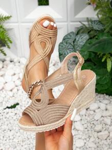 Women Thick-Bottomed  Rope Sandals For Summer, Gold High-Heeled Waterproof Platform Wedges Shoes - Gold - View 3