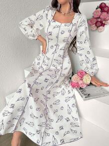 Modelyn Vestido largo con estampado de flores, mangas farol y cintura fruncida, en forma de corazón en el cuello, para uso formal y vestidos de noche para mujeres