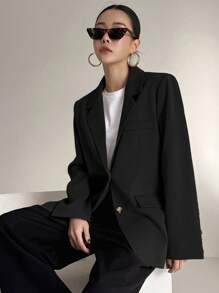 DAZY Women's Notched Collar Solid Color Wide Strap Loose Fit Pocket Blazer, Suitable For Daily Commute,Fall Clothes Business Attire - Black - View 5