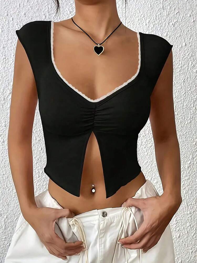 Women's Summer T-Shirt With Patchwork Color, Sweetheart Neck, Cap Sleeves