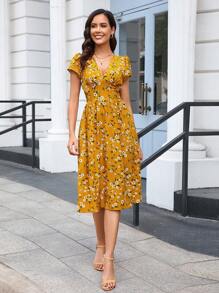 SHEIN Clasi 夏季休閒假日迷你花卉印花彈性腰a字裙 - 黃色 - 查看 6