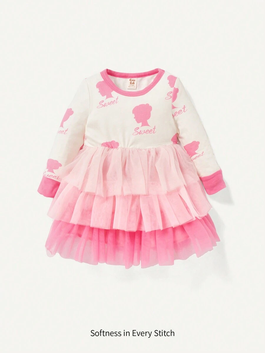 Baby Girl Letter Graphic Contrast Mesh Layer Hem Dress - Multicolor - View 1