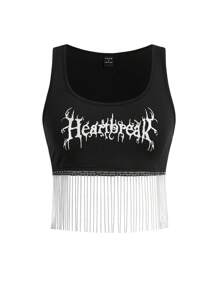 Pamile 艺术家方领无袖背心，流苏设计，修身剪裁，休闲风格，节日 - 黑色 - 查看 1