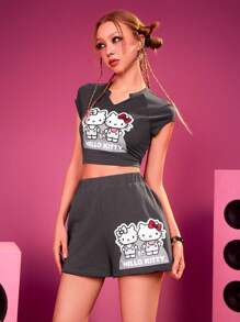 HELLO KITTY AND FRIENDS | SHEIN Sommar tecknad tryck rund hals kortärmad T-shirt och shorts Set - Mörkgrå - Visa 4