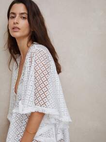 SHEIN Swim Vacation Embroidered Top With Lace Trimmed Edges And Drawstring Summer