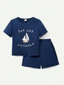 Cozy Pixies Baby Boys' Striped Round Neck Short Sleeve Tee, Cartoon Sailboat Pattern Tee, Solid Color Shorts 4pcs/Set