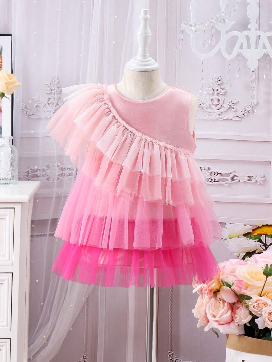 SHEIN Young Girl Round Neck Multiple Layers Mesh Contrast Blouse With Ruffle Hem - Pink - View 1