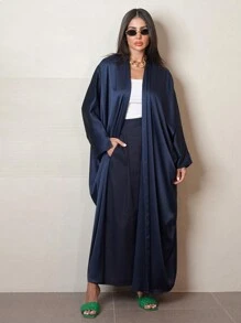 Long Casual Robe In Soft And Comfortable Shiny Material, Simple Modest Long Sleeve Abaya