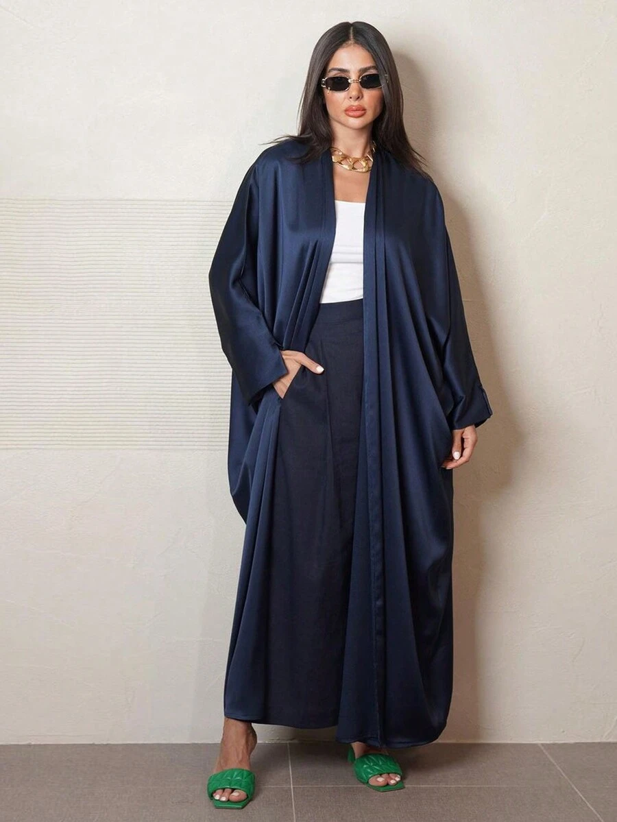 Long Casual Robe In Soft And Comfortable Shiny Material, Simple Modest Long Sleeve Abaya