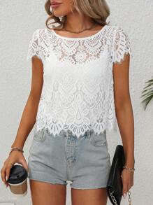 SHEIN Clasi Women's Fashionable Lace White Short Sleeve Top - White - View 4