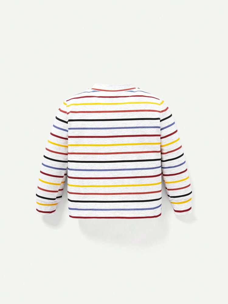 Baby Boy 2pcs Solid & Striped Print Pocket Patched Button Front Top
