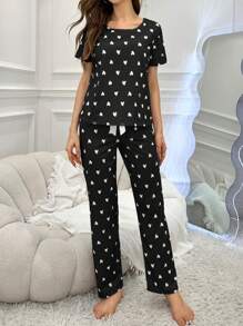 Women Fashionable Heart Printed Bow Knot Short Sleeve And Long Pants Pajama Set - Black - View 5