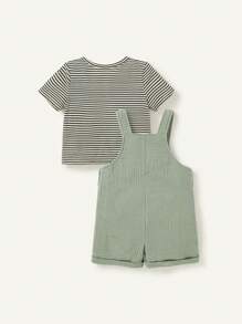 Cozy Pixies Baby Boy Striped Round Neck Drop Shoulder Pullover Top And Plain Overalls Shorts Two Pieces Set