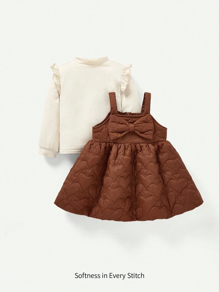 Baby Girl Ruffle Trim Top & Bow Front Quilted Pinafore Dress - Khaki - View 1