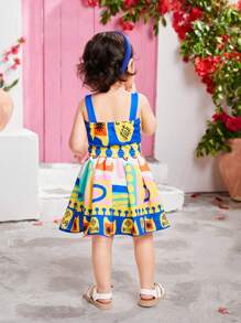 SHEIN Baby Girl Parent-Child Vacation Floral Geometric Pattern Cami Top Elastic Waist Skirt Suit Suitable For Summer