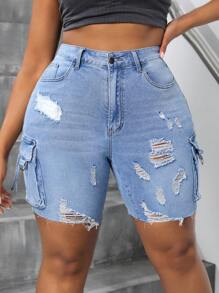 SHEIN SXY Plus Size Women's Workwear Style Denim Shorts With Distressed Finish And Multiple Pockets