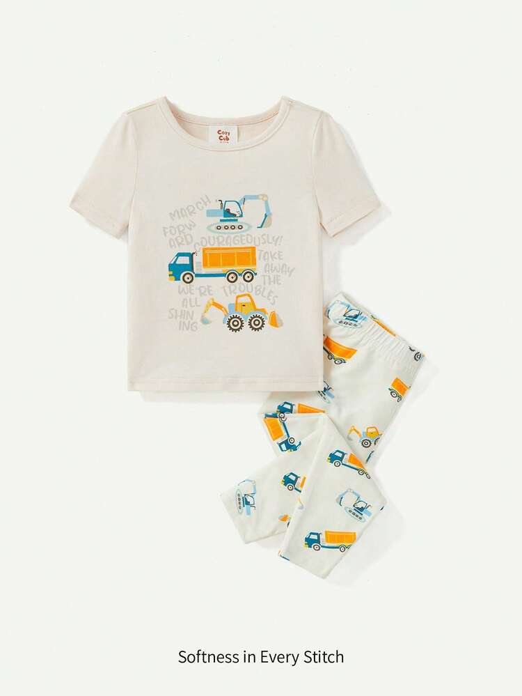 Baby Boy Cartoon Car Pattern Round Neck Short Sleeve Top And Pants Snug Fit Home Suit 2pcs/Set