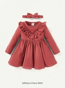 Cozy Pixies Baby Girl Ruffle Trim Dress With Headband - Redwood - View 1