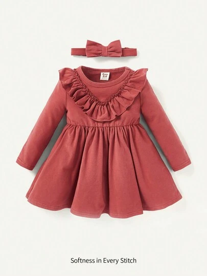 Cozy Pixies Baby Girl Ruffle Trim Dress With Headband