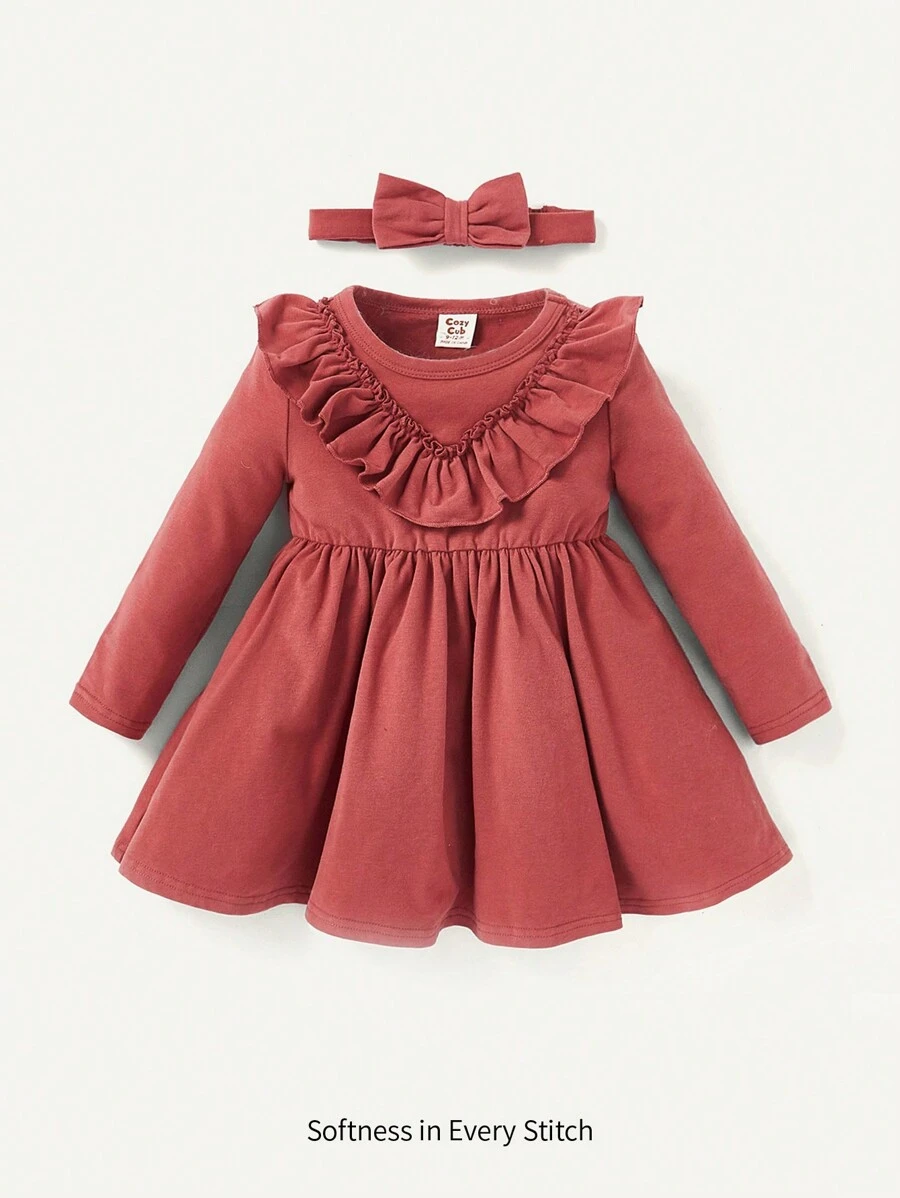 Cozy Pixies Baby Girl Ruffle Trim Dress With Headband - Redwood - View 1