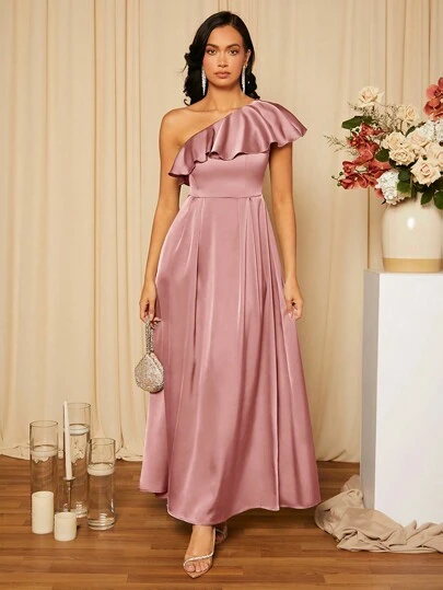 SHEIN Belle 女式长款不对称领口伴娘礼服，带荷叶边下摆，纯色正式女式舞会礼服，优雅舞会晚会婚礼宾客礼服，毕业典礼、晚宴派对礼服