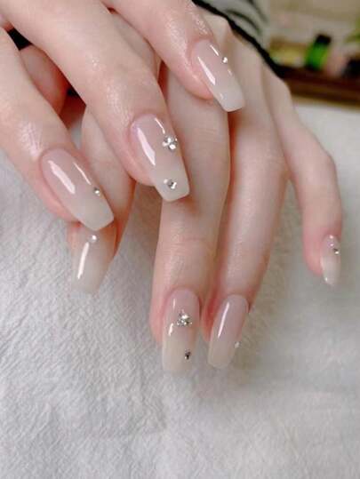 24Pcs Short Coffin Shaped Nude & Milky Ombre Rhinestone Decorated Nail Tips With 1Pc Nail Buffer And 1Pc Gel Polish Press On Nails Nail Supplies Nails