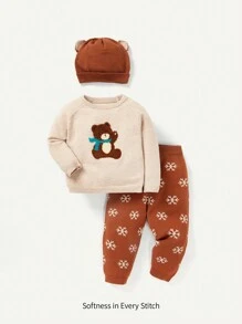 Cozy Pixies Baby Girl Bear Patched Raglan Sleeve Sweater & Knit Pants With Hat - Multicolor - View 1