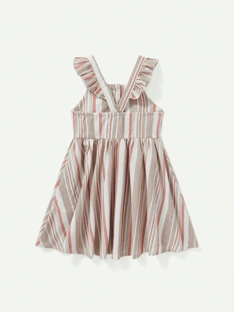 Baby Girl Colorful Vertical Striped Dress With Ruffle Trim And Waist Strap