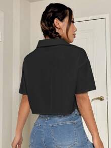 Flirla 女款夏季純色工作服口袋短袖襯衫