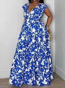 Slaydiva Plus Size Women's Floral Print Ruffle Hem Belted Dress For Summer,Beach Dress Sundress,Holiday Outfits Boho - Royal Blue - View 10