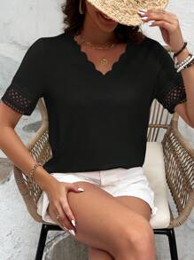 SHEIN Frenchy Mùa hè Kỳ nghỉ Lễ cưới Của phụ nữ Cong Cạnh Cổ chữ V Ren Vá lại Ngắn tay Áo thun , Ngắn tay Boho Dễ thương - màu đen - Xem 3