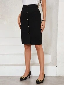 SHEIN Clasi Women's Front Button Metal Detail Skirt