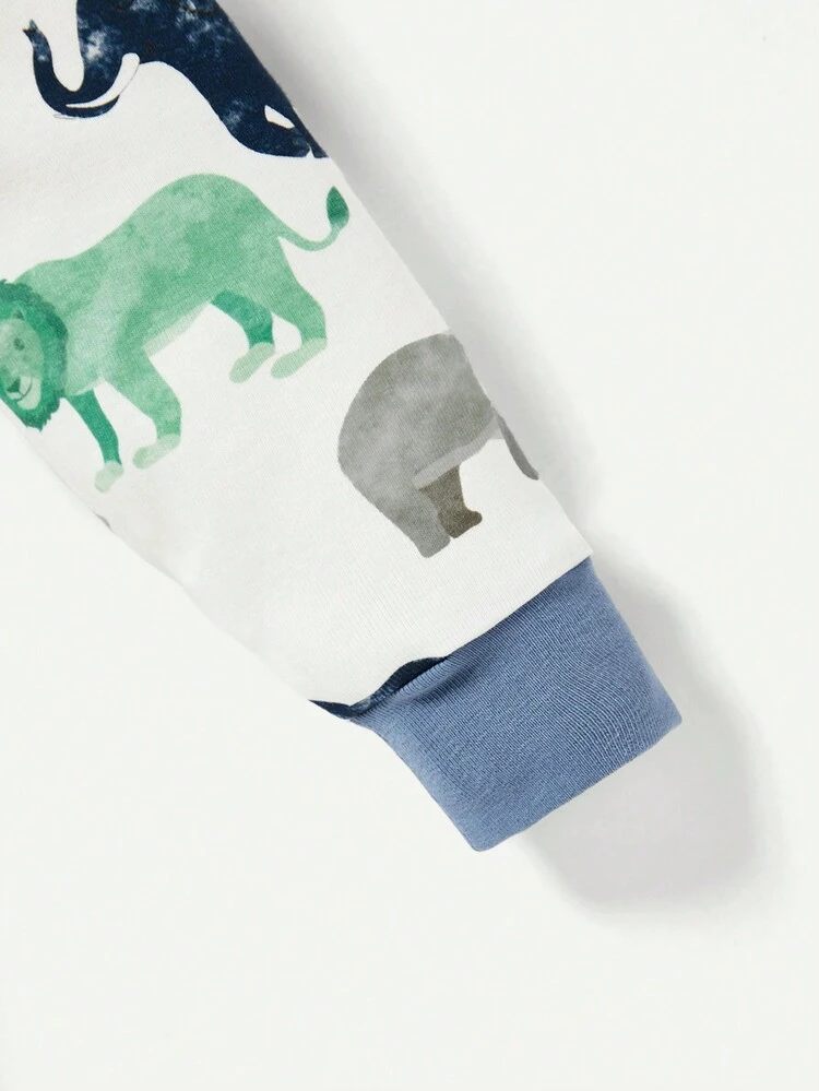 Baby Boy Snug Fit Pajama Set, Cartoon Animal Printed Round Neck Top And Footed Pants, 2pcs